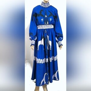 Blue Long-Sleeve Printed Maxi Dress